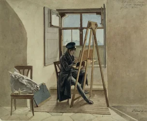 Der Maler Johann Adam Klein am Staffelei in seinem Atelier im Palais Chotek in Wien